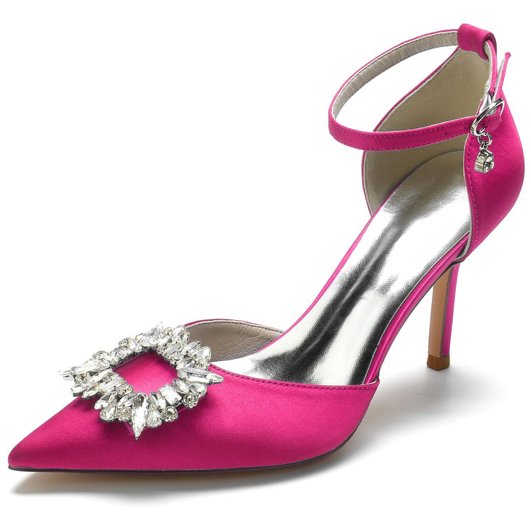 Women's Pointed Toe Ankle Straps Wedding Party Shoes with Square Rhinestones
