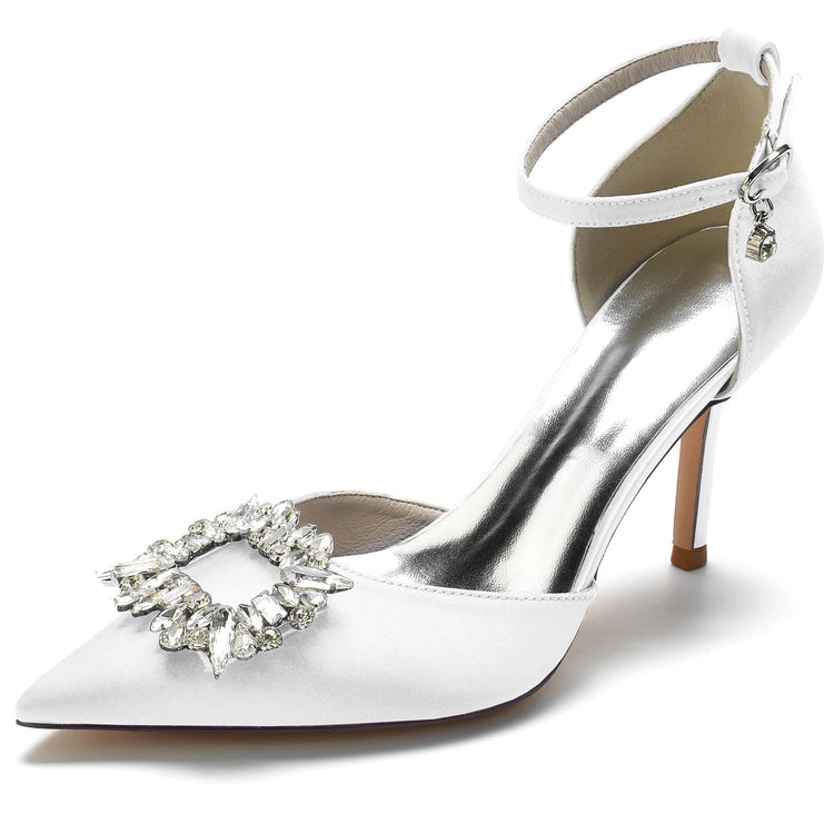 Women's Pointed Toe Ankle Straps Wedding Party Shoes with Square Rhinestones
