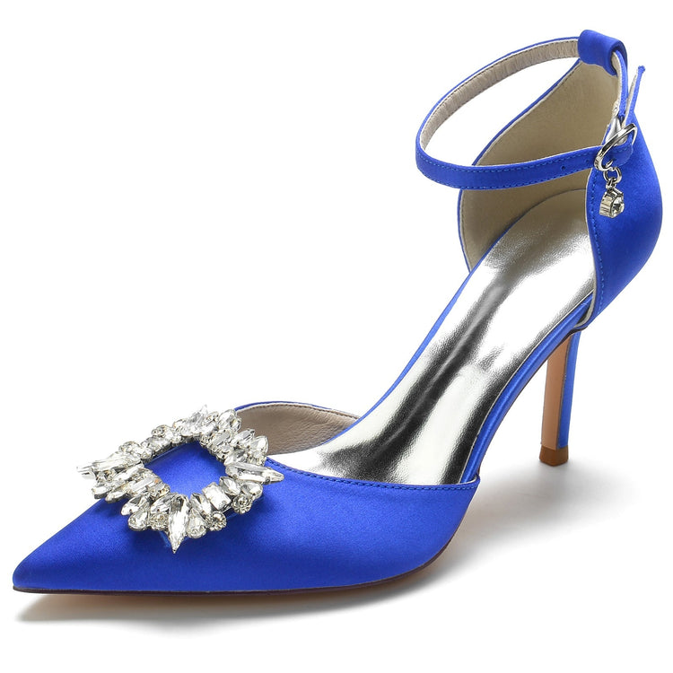 Women's Pointed Toe Ankle Straps Wedding Party Shoes with Square Rhinestones