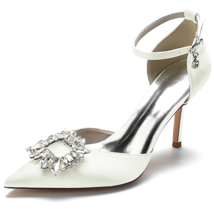 Women's Pointed Toe Ankle Straps Wedding Party Shoes with Square Rhinestones