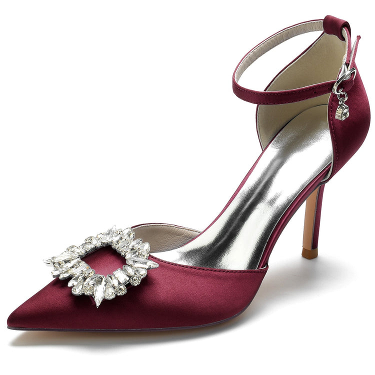 Women's Pointed Toe Ankle Straps Wedding Party Shoes with Square Rhinestones