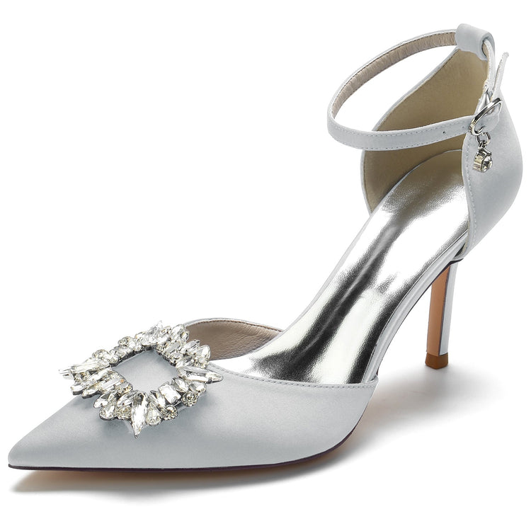 Women's Pointed Toe Ankle Straps Wedding Party Shoes with Square Rhinestones