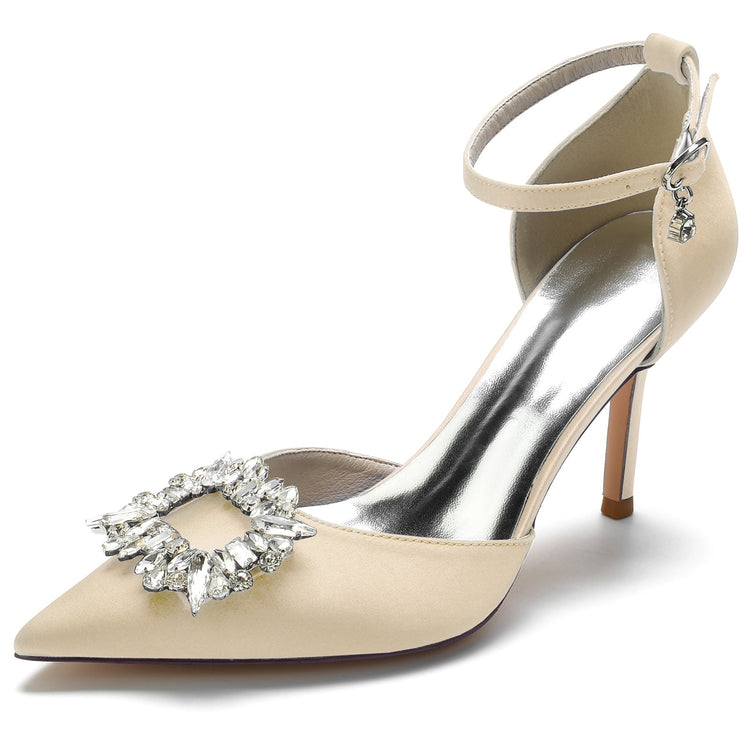 Women's Pointed Toe Ankle Straps Wedding Party Shoes with Square Rhinestones