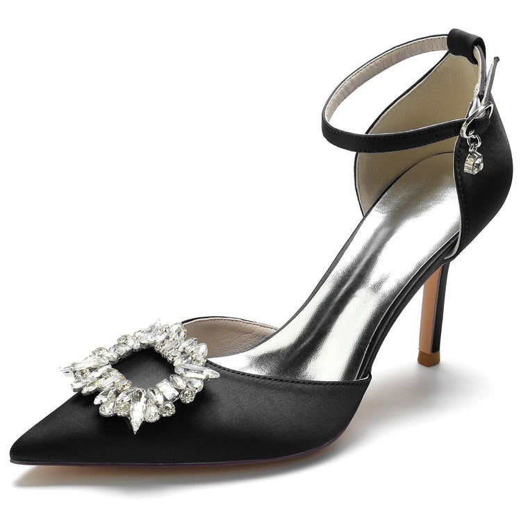 Women's Pointed Toe Ankle Straps Wedding Party Shoes with Square Rhinestones