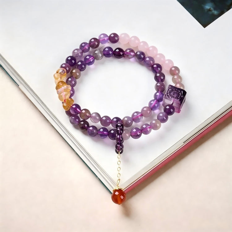 Purple Crystal Mala Beads Red Agate Charm