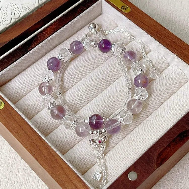 Natural Amethyst Clear Quartz Adjustable Silver Bow Bead Bracelets