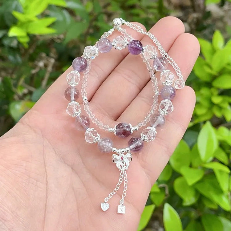 Natural Amethyst Clear Quartz Adjustable Silver Bow Bead Bracelets