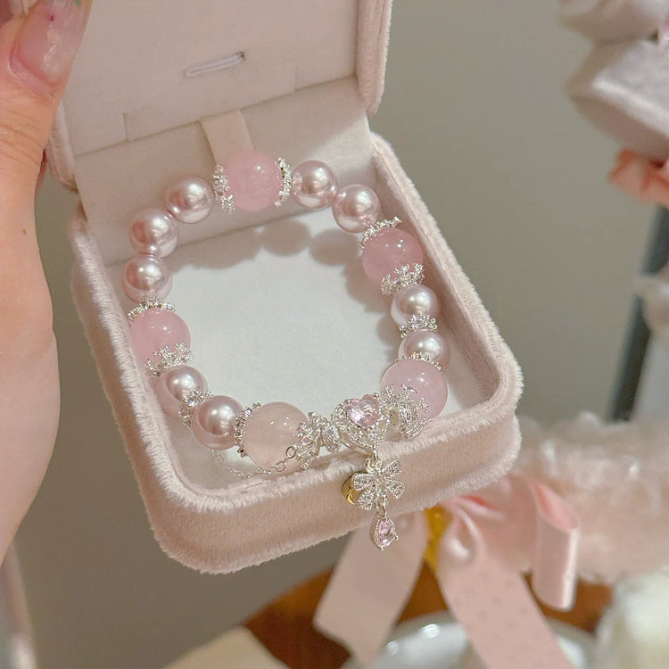Pink Crystal Pearl Heart Charm Bead Bracelets