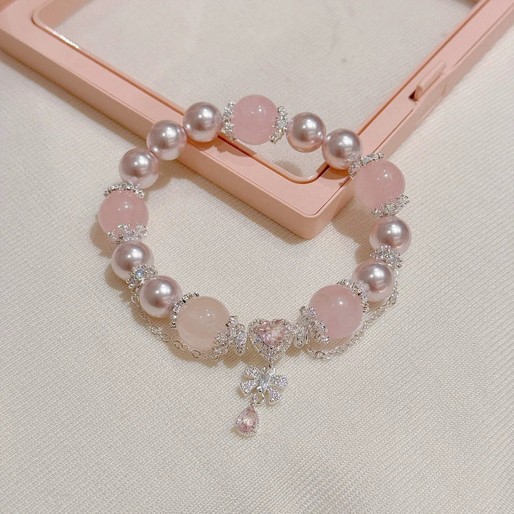 Pink Crystal Pearl Heart Charm Bead Bracelets