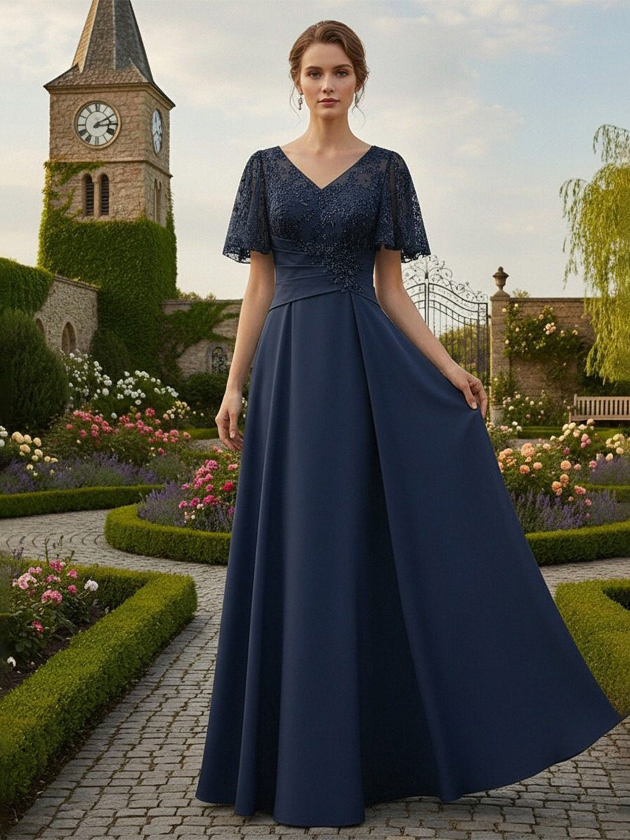 Chiffon A Line V Neck Long Mother of the Bride Dress with Lace