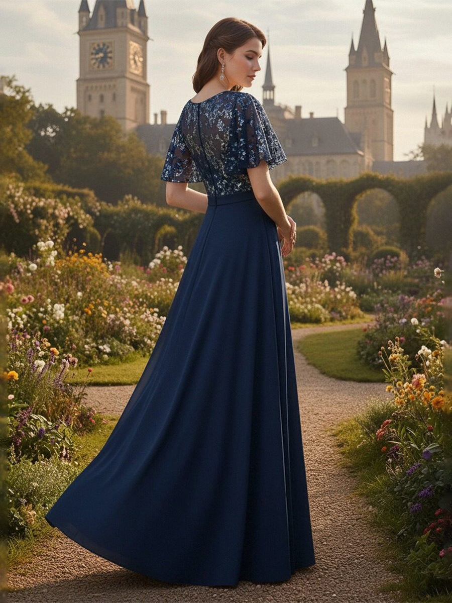 Chiffon A Line V Neck Long Mother of the Bride Dress with Lace