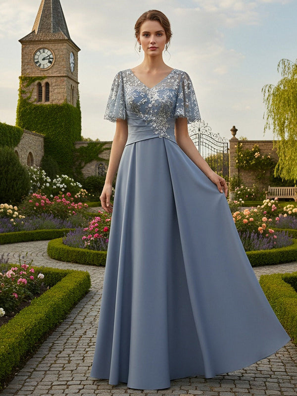 Chiffon V Neck Long Mother of the Bride Dresses with Beaded Lace