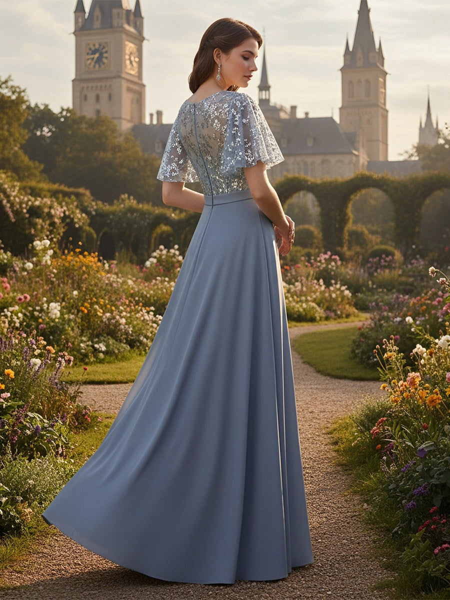 Chiffon V Neck Long Mother of the Bride Dress with Beaded Lace