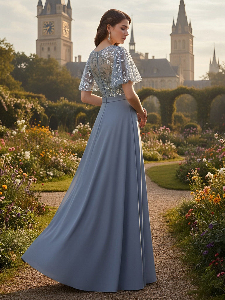 Chiffon V Neck Long Mother of the Bride Dresses with Beaded Lace