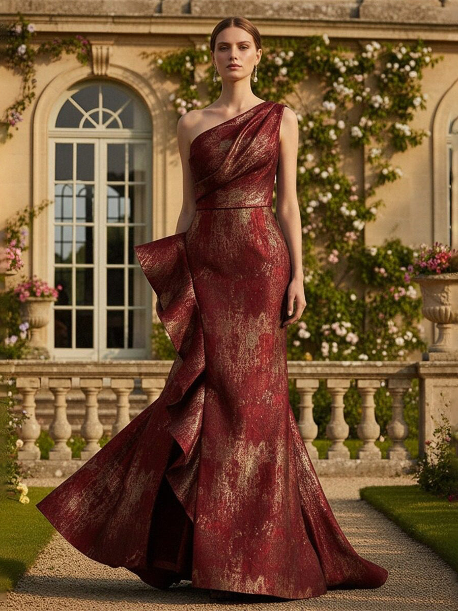 Satin One Shoulder Long Mother of the Bride Dress with Ruffles