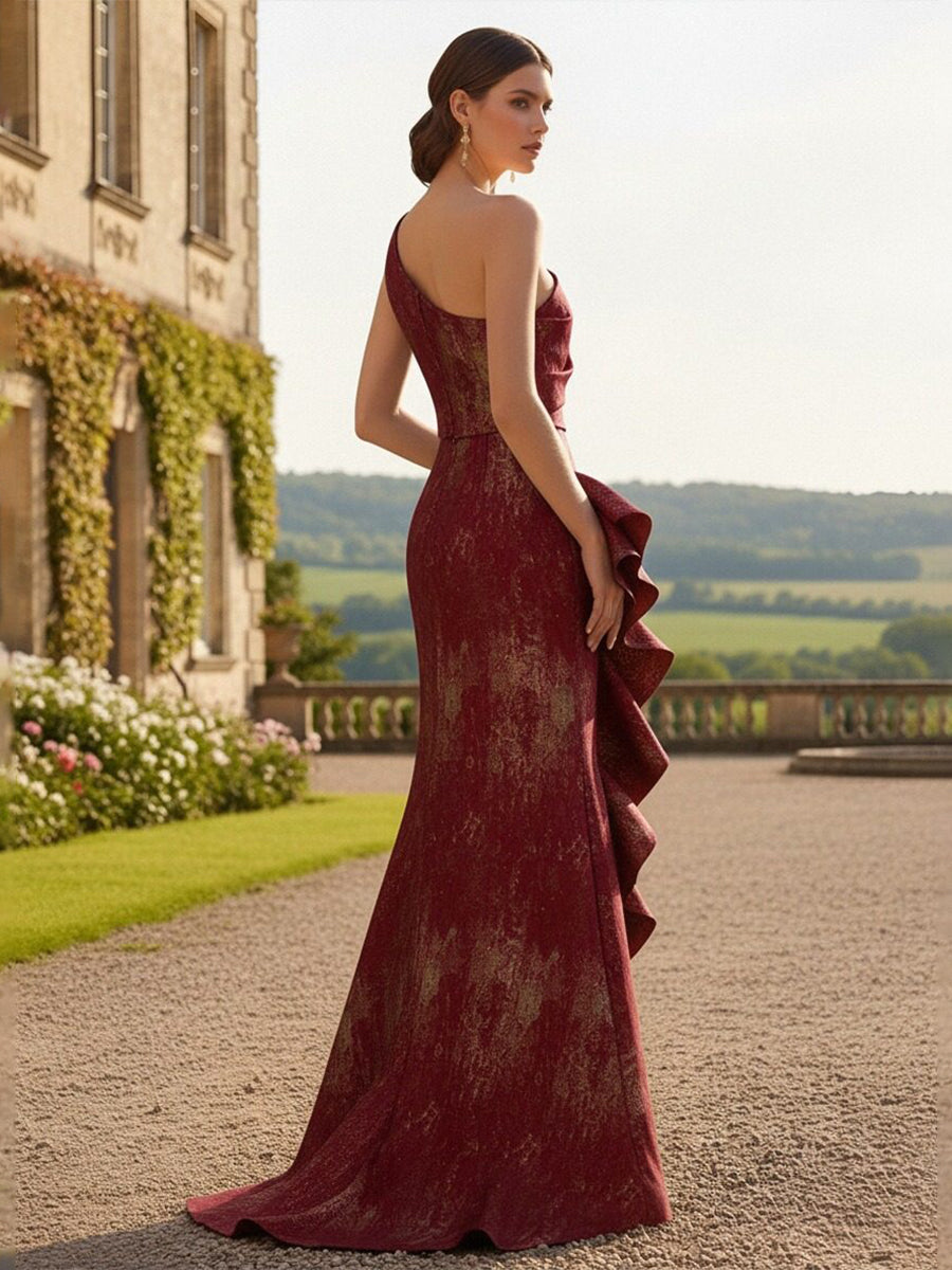 Satin One Shoulder Long Mother of the Bride Dress with Ruffles