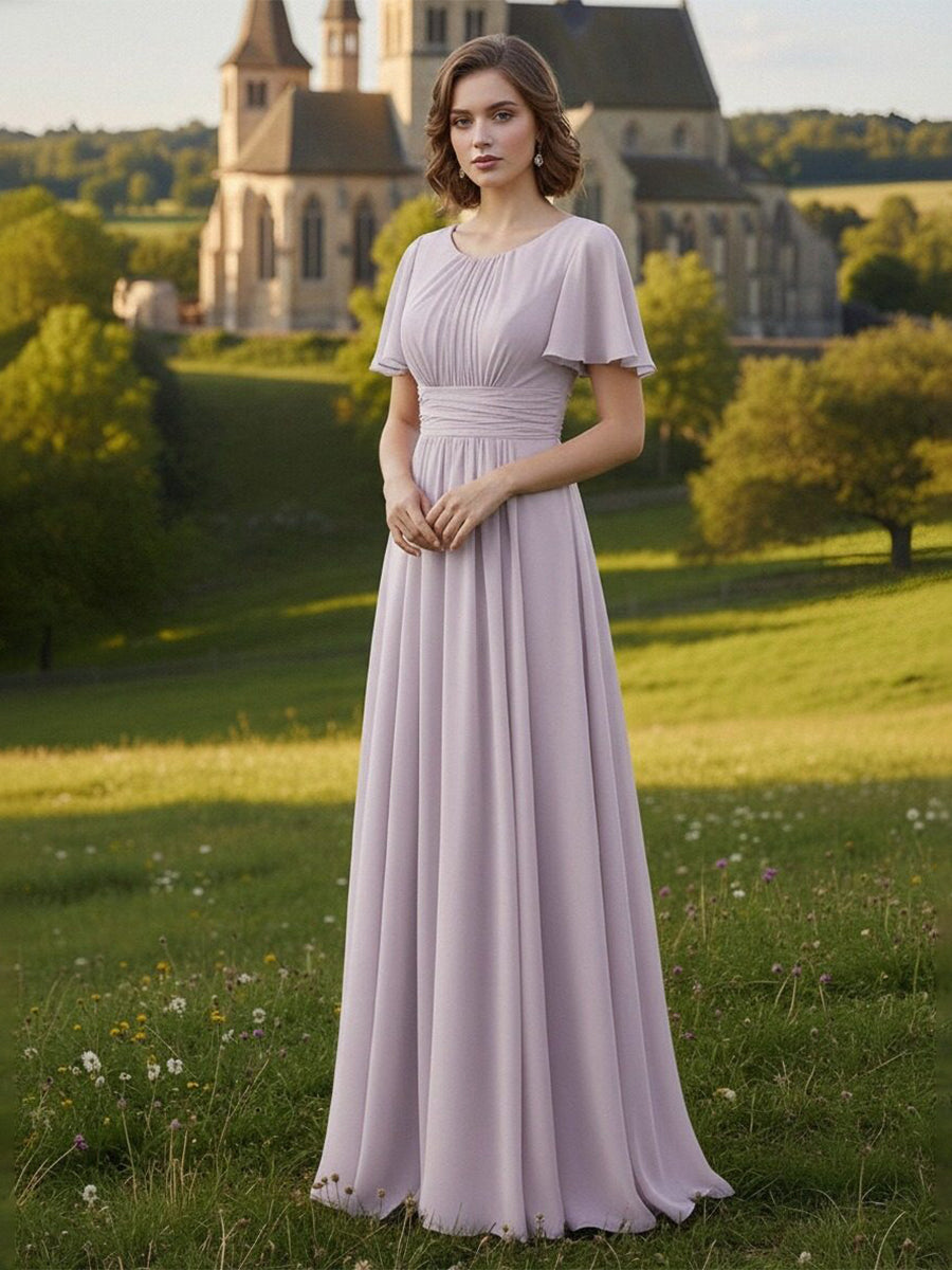 Chiffon Scoop Neck Long Mother of the Bride Dress with Pleated