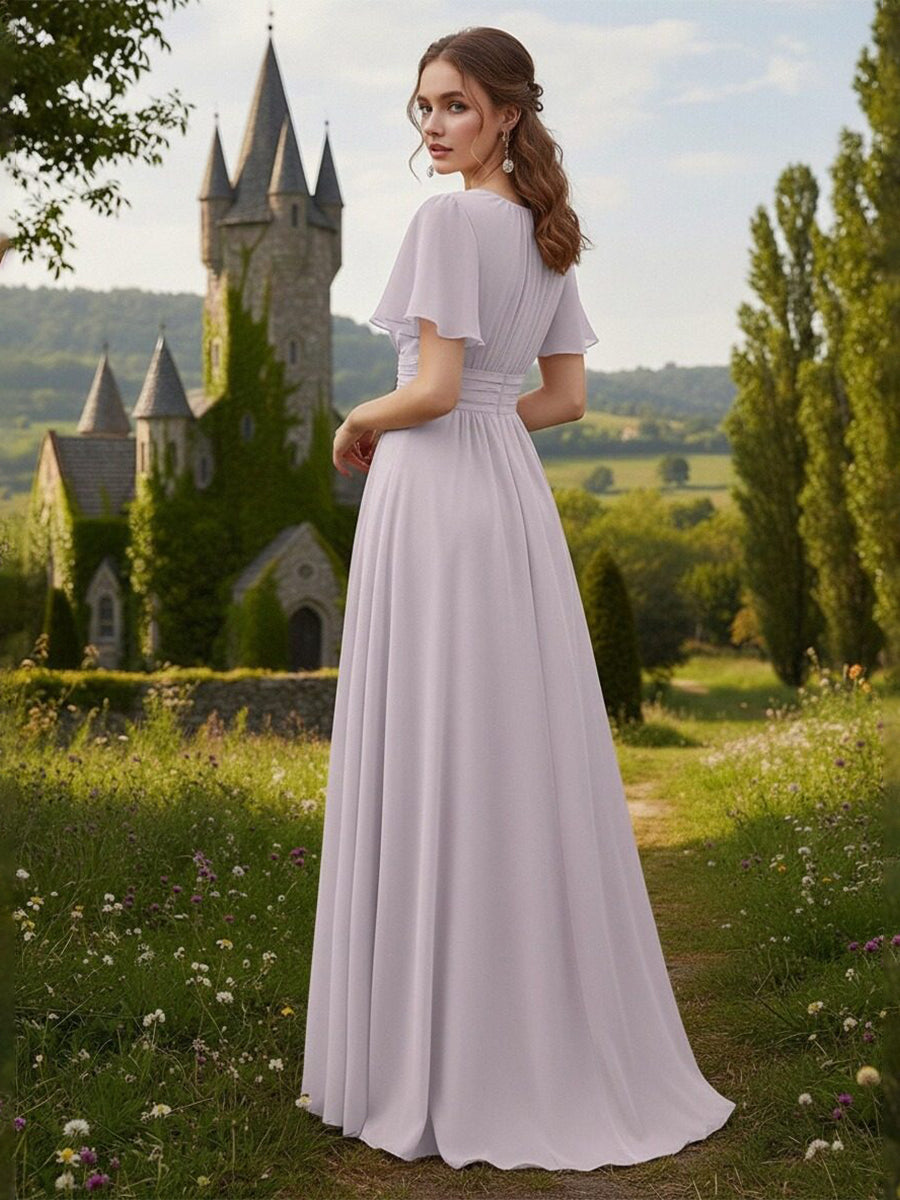 Chiffon Scoop Neck Long Mother of the Bride Dress with Pleated