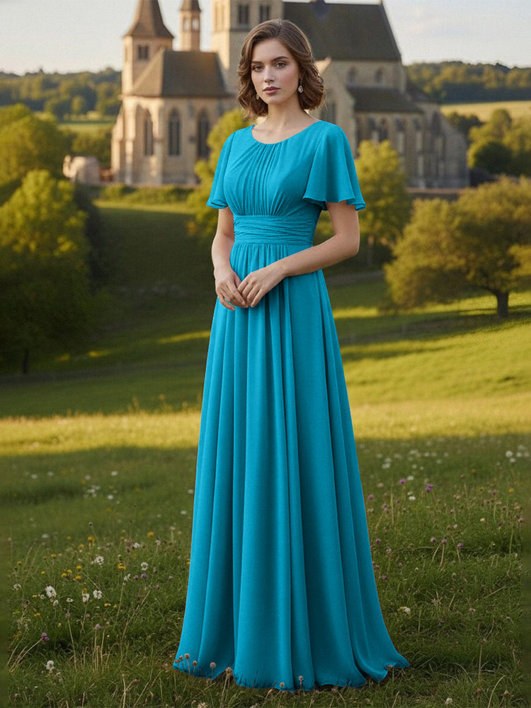 Chiffon Scoop Neck Long Mother of the Bride Dresses with Pleated