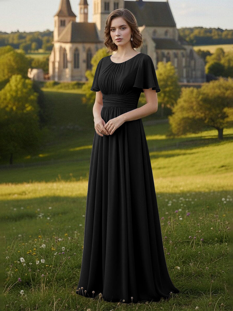 Chiffon Scoop Neck Long Mother of the Bride Dresses with Pleated