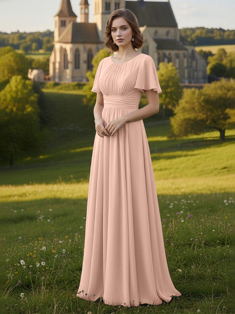 Chiffon Scoop Neck Long Mother of the Bride Dresses with Pleated