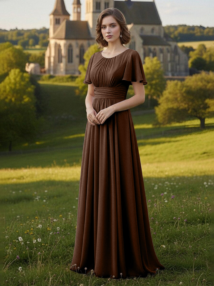 Chiffon Scoop Neck Long Mother of the Bride Dresses with Pleated