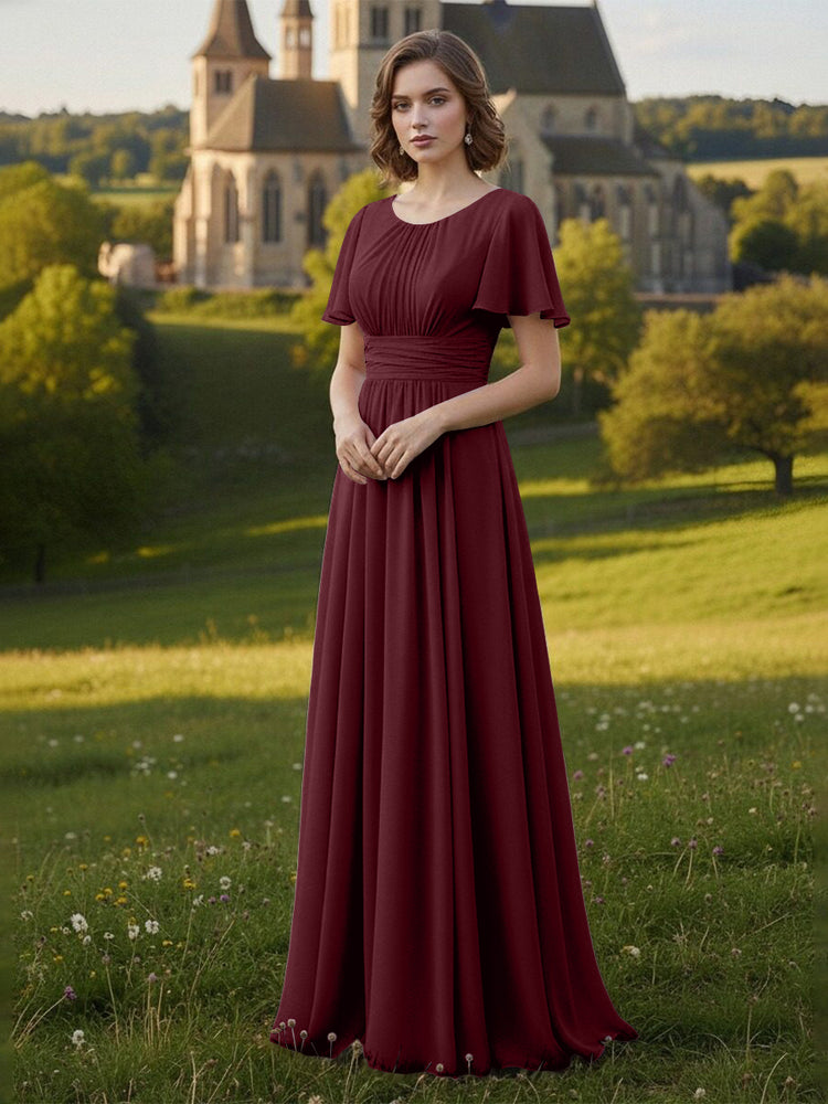 Chiffon Scoop Neck Long Mother of the Bride Dresses with Pleated