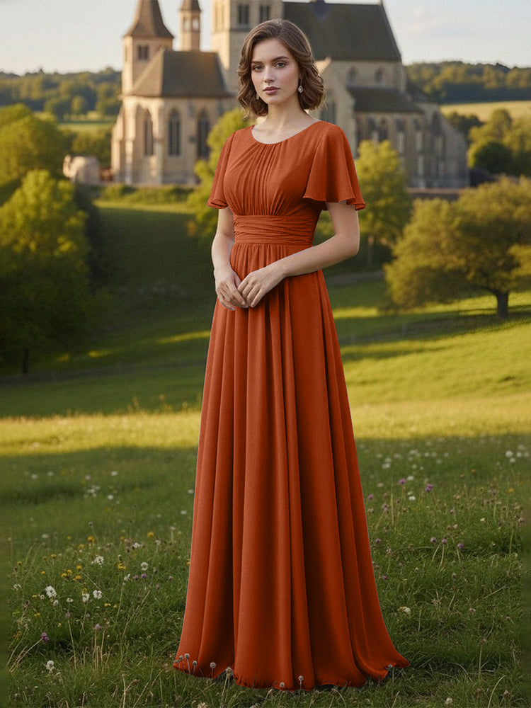 Chiffon Scoop Neck Long Mother of the Bride Dresses with Pleated