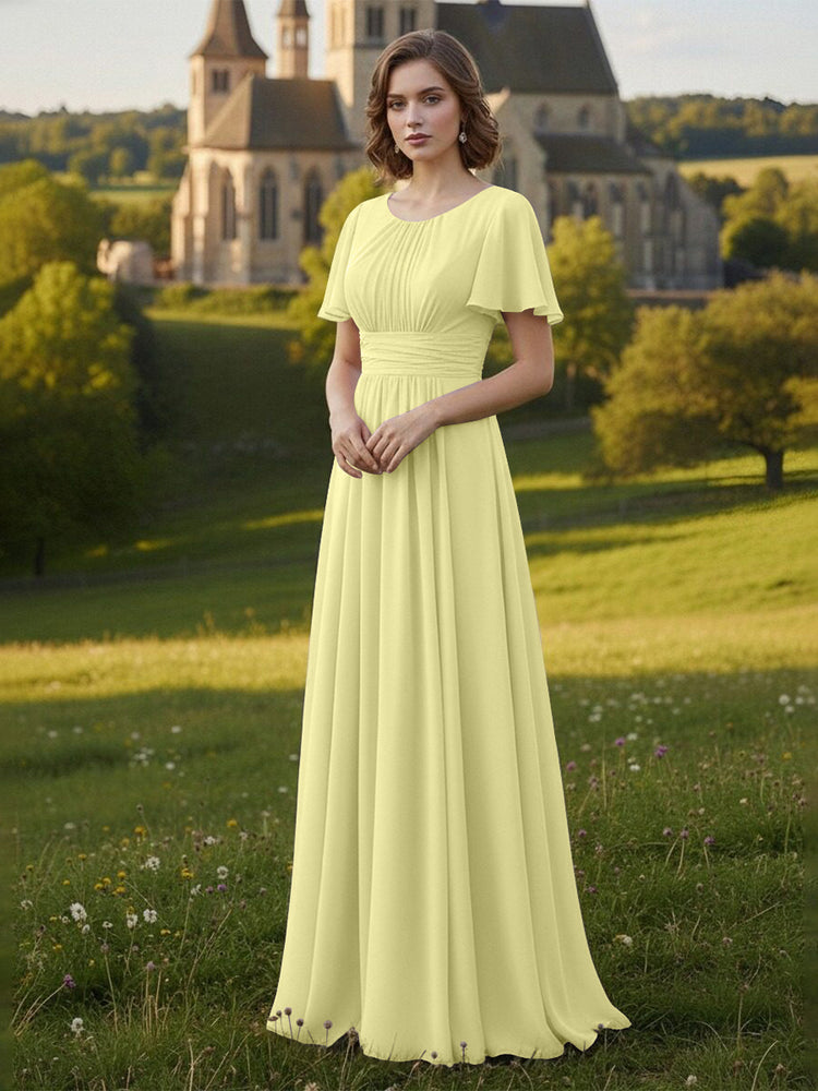 Chiffon Scoop Neck Long Mother of the Bride Dresses with Pleated