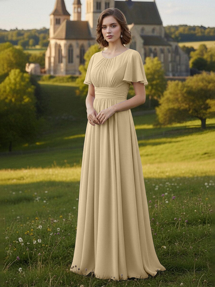 Chiffon Scoop Neck Long Mother of the Bride Dresses with Pleated