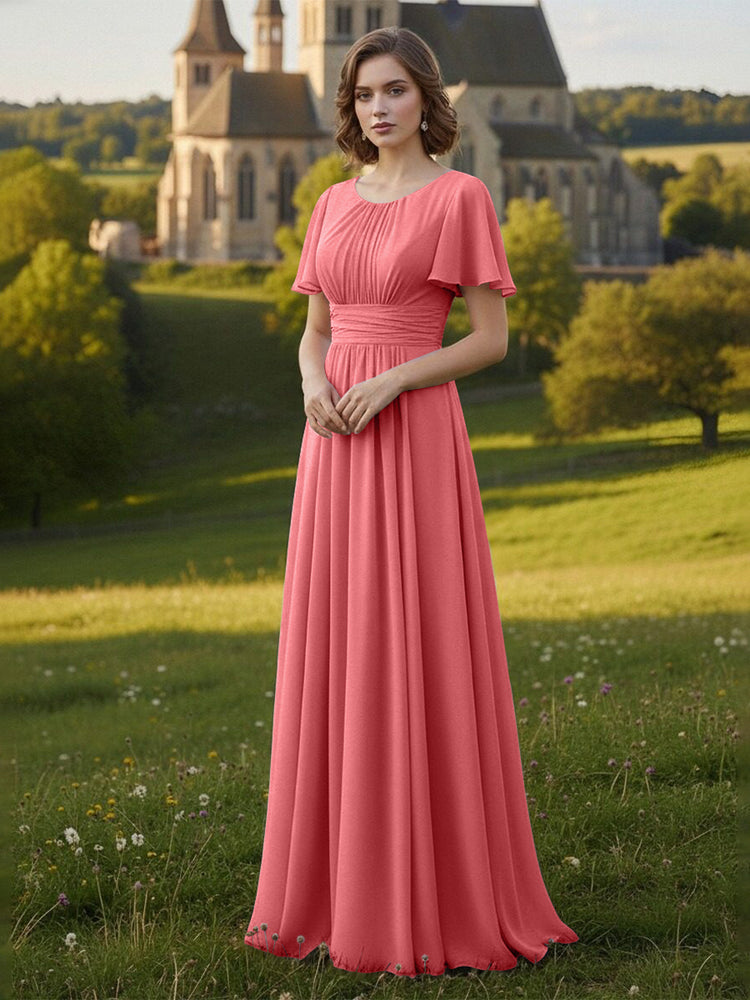Chiffon Scoop Neck Long Mother of the Bride Dresses with Pleated