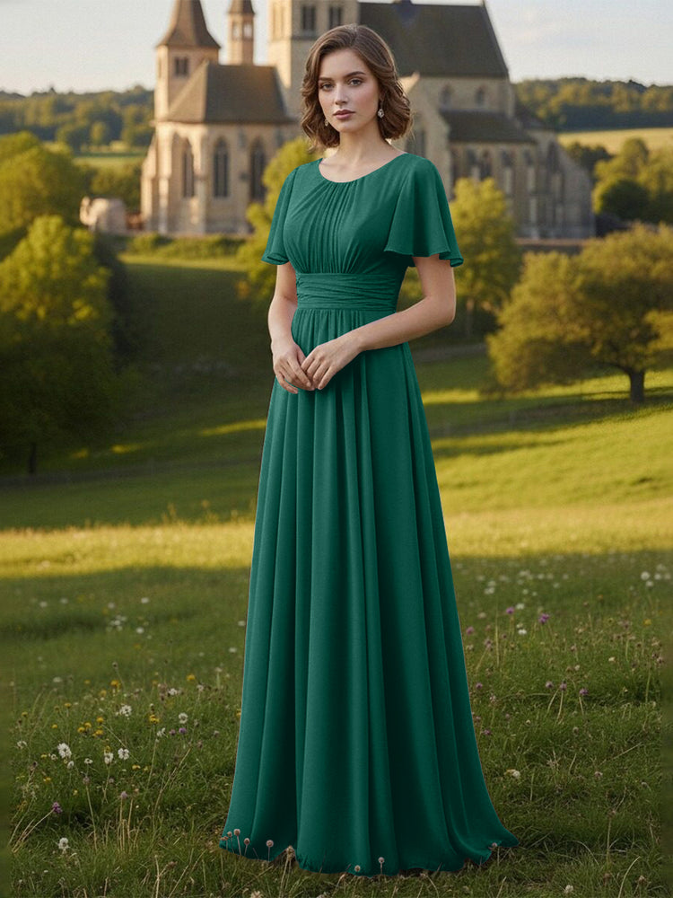 Chiffon Scoop Neck Long Mother of the Bride Dresses with Pleated