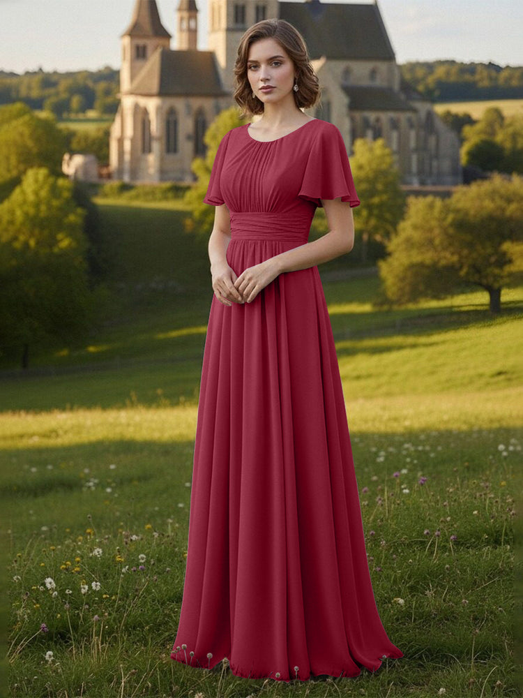 Chiffon Scoop Neck Long Mother of the Bride Dresses with Pleated