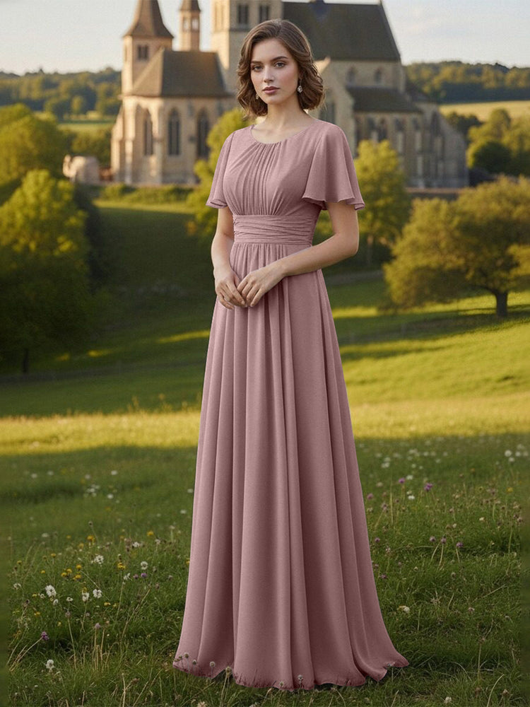 Chiffon Scoop Neck Long Mother of the Bride Dresses with Pleated