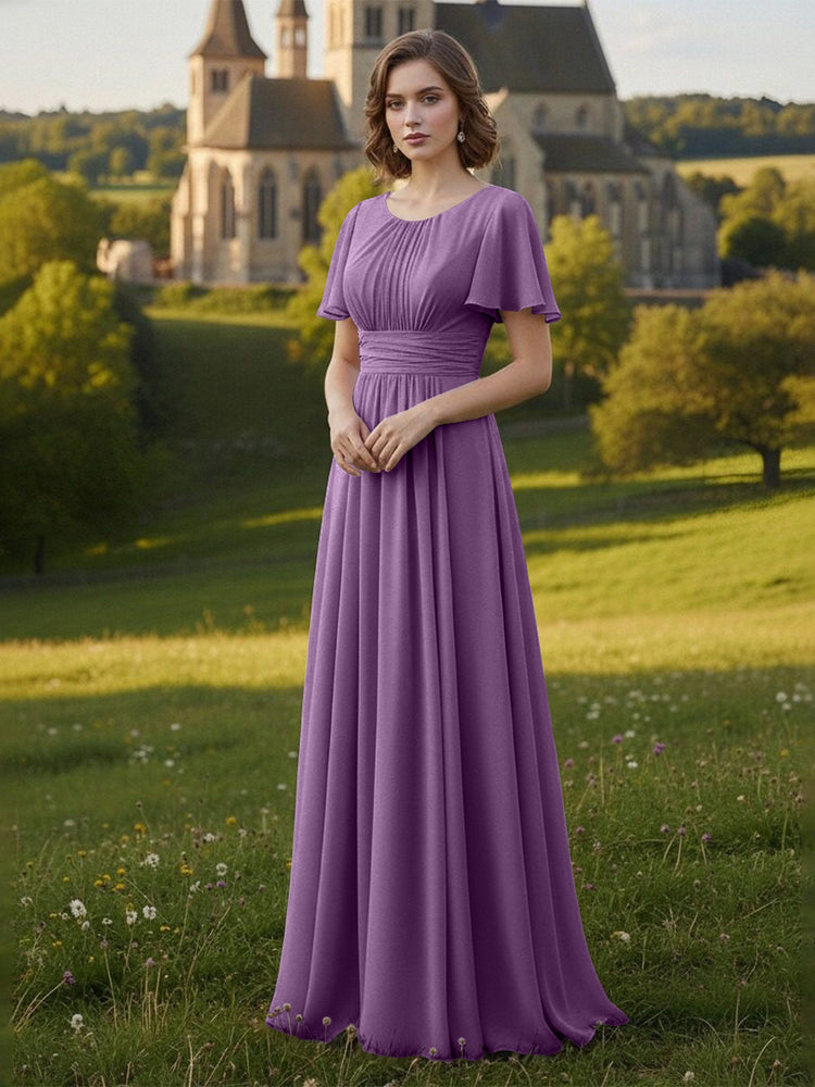 Chiffon Scoop Neck Long Mother of the Bride Dresses with Pleated