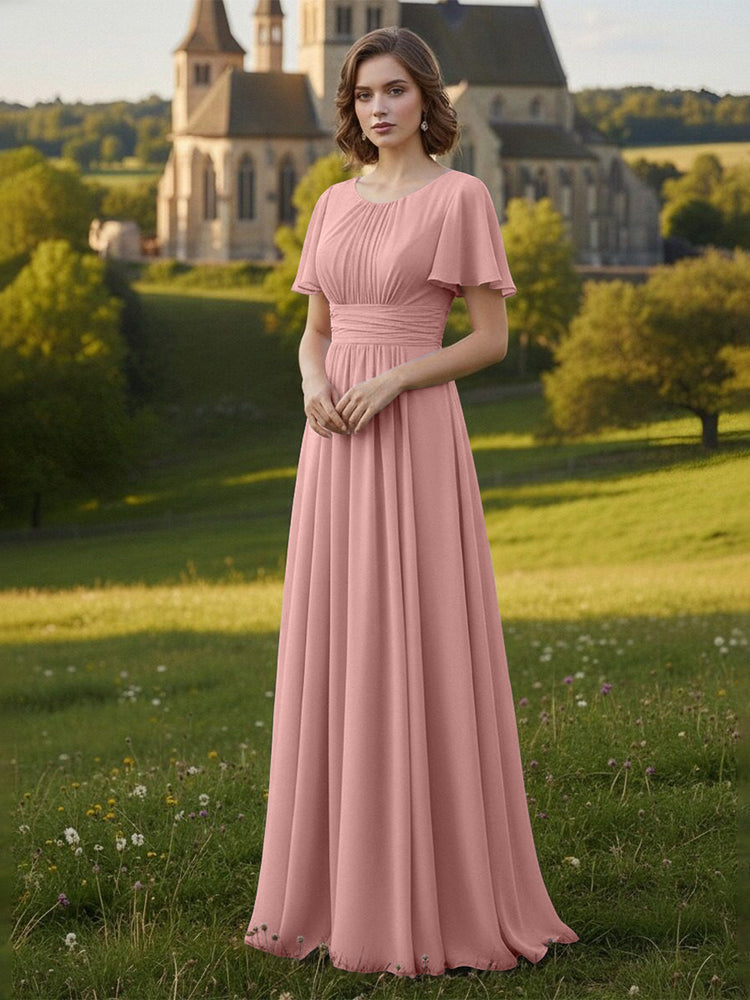Chiffon Scoop Neck Long Mother of the Bride Dresses with Pleated