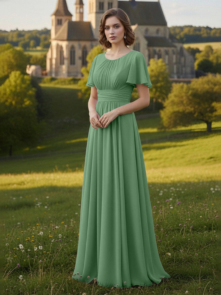 Chiffon Scoop Neck Long Mother of the Bride Dresses with Pleated