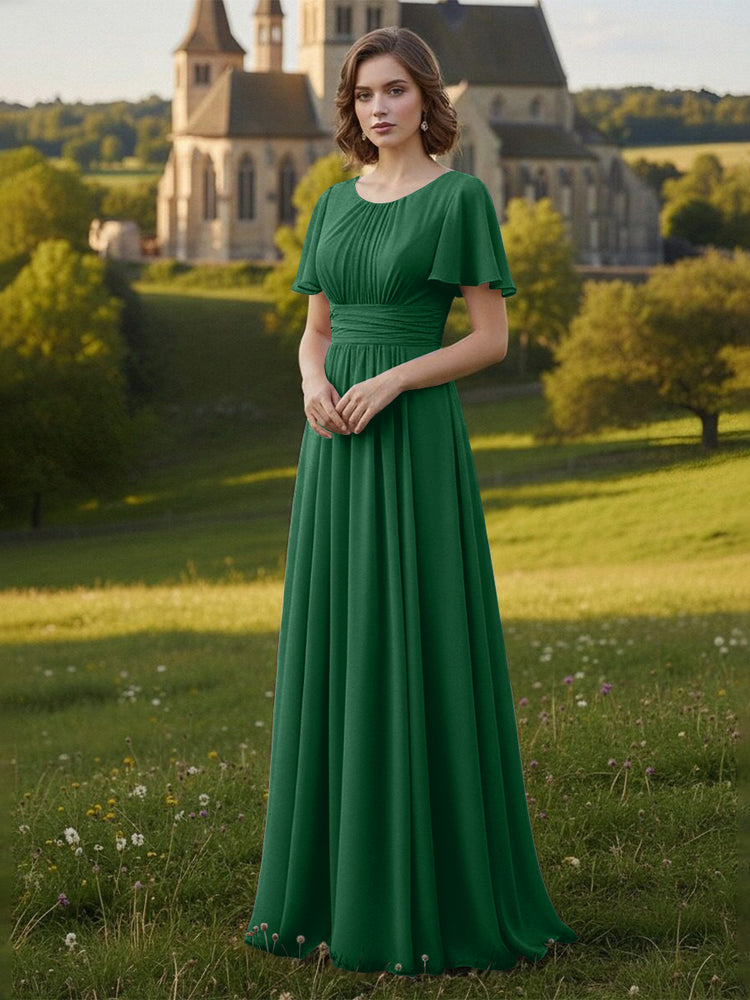 Chiffon Scoop Neck Long Mother of the Bride Dresses with Pleated