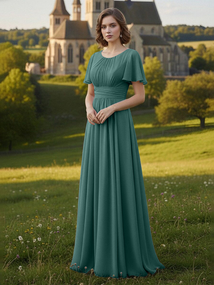 Chiffon Scoop Neck Long Mother of the Bride Dresses with Pleated