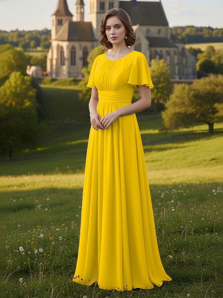 Chiffon Scoop Neck Long Mother of the Bride Dresses with Pleated