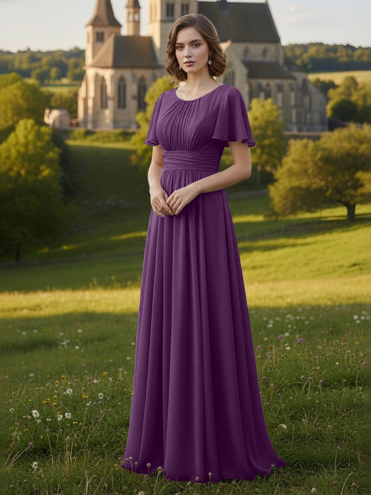 Chiffon Scoop Neck Long Mother of the Bride Dresses with Pleated