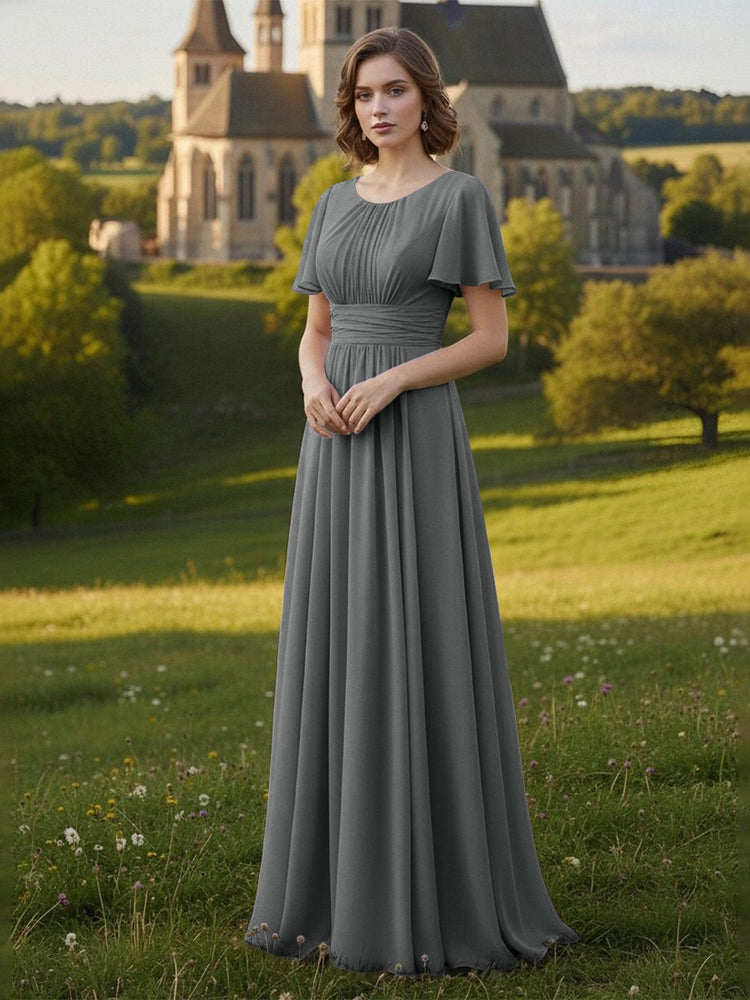 Chiffon Scoop Neck Long Mother of the Bride Dresses with Pleated