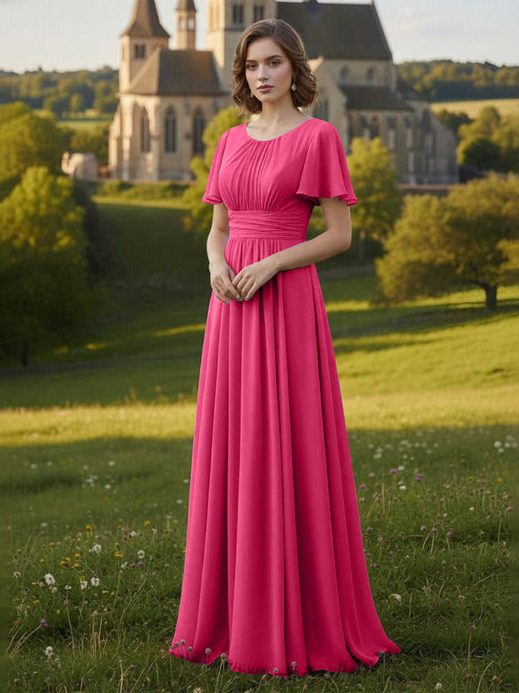 Chiffon Scoop Neck Long Mother of the Bride Dresses with Pleated
