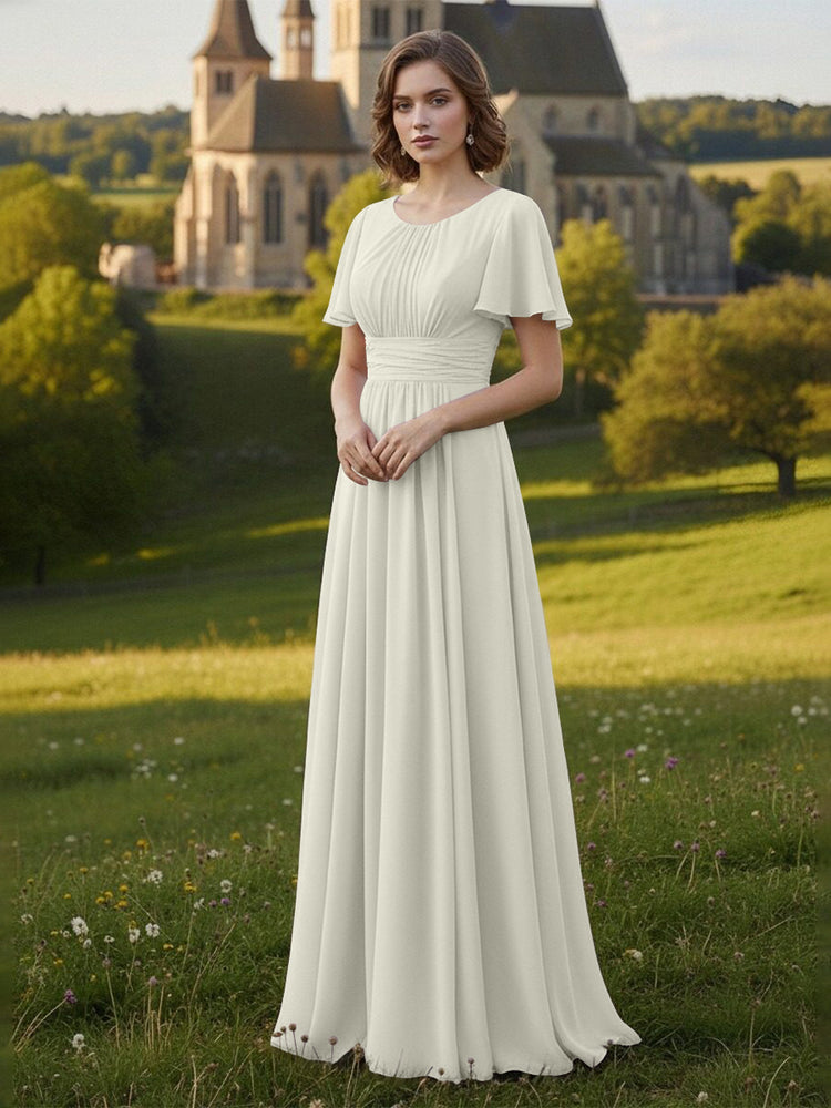 Chiffon Scoop Neck Long Mother of the Bride Dresses with Pleated