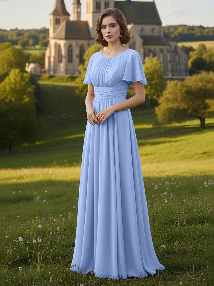 Chiffon Scoop Neck Long Mother of the Bride Dresses with Pleated