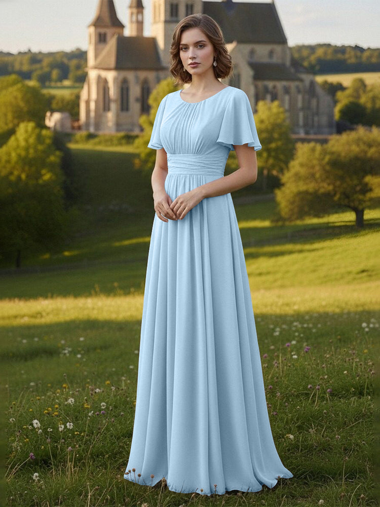 Chiffon Scoop Neck Long Mother of the Bride Dresses with Pleated