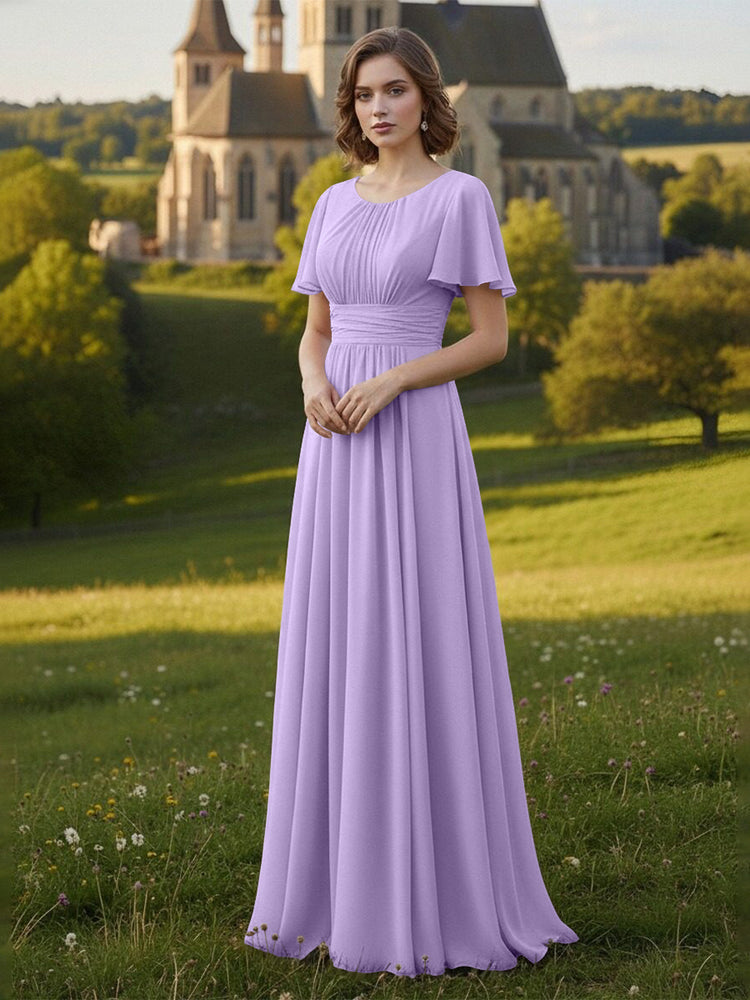 Chiffon Scoop Neck Long Mother of the Bride Dresses with Pleated