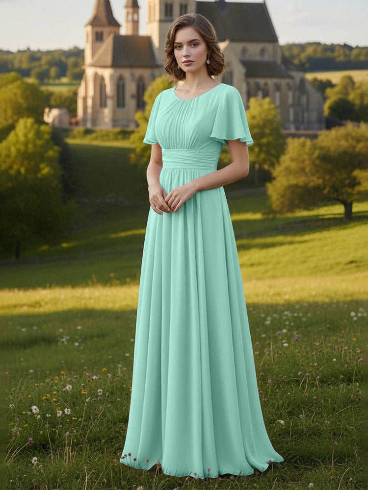 Chiffon Scoop Neck Long Mother of the Bride Dresses with Pleated