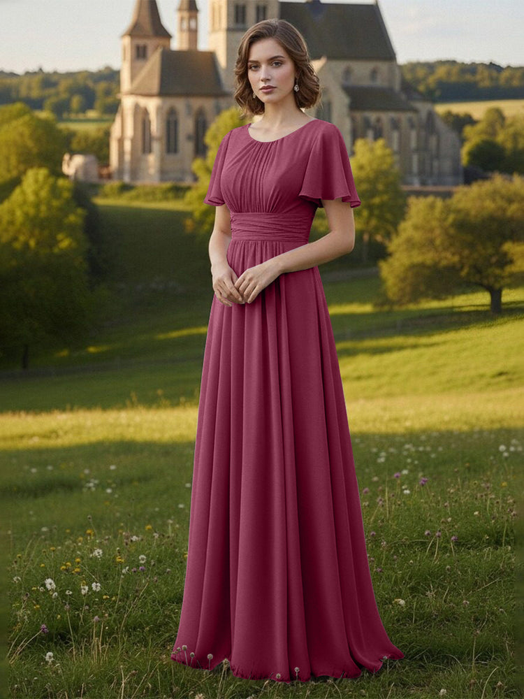 Chiffon Scoop Neck Long Mother of the Bride Dresses with Pleated