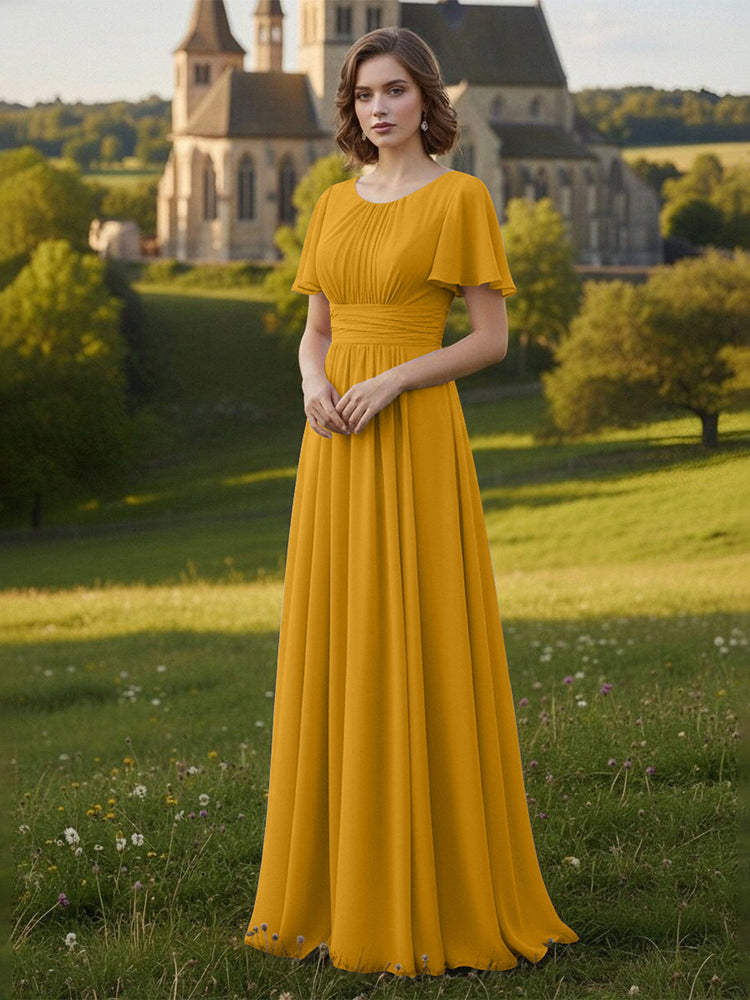 Chiffon Scoop Neck Long Mother of the Bride Dresses with Pleated